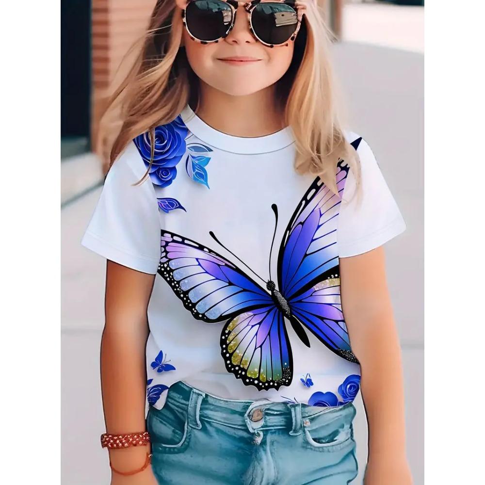 Summer Round Neck 3D Butterfly Pattern Printed Top Fashionable Casual Short Sleeved Children's Girl T-shirts