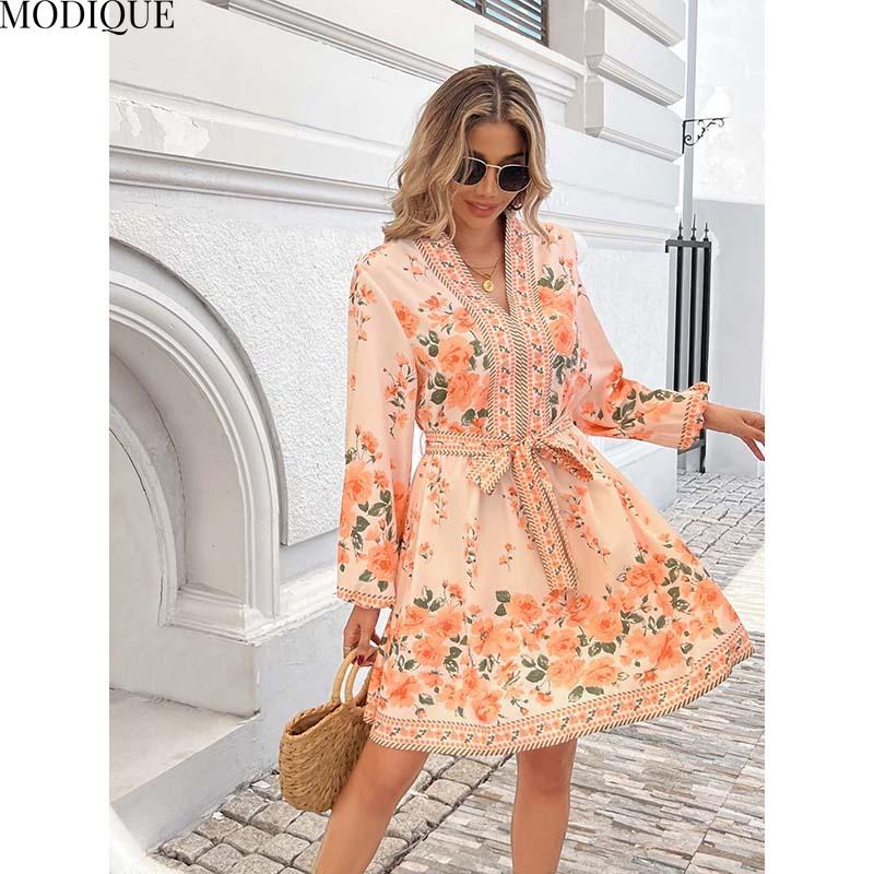 MODIQUE 2025 Summer Plus Size New Women's Casual Sexy Floral Printing Waist Flowing Belt Short Dress Ladies A-Line Hot Lantern Sleeve V-Neck Dress