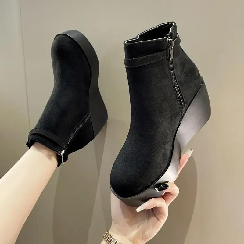 Fashion 2024 New Winter Shoes for Female Side Zip Platform Women's Ankle Boots Wedge Heel Casual Women's Shoes High Heel Ladies Boots
