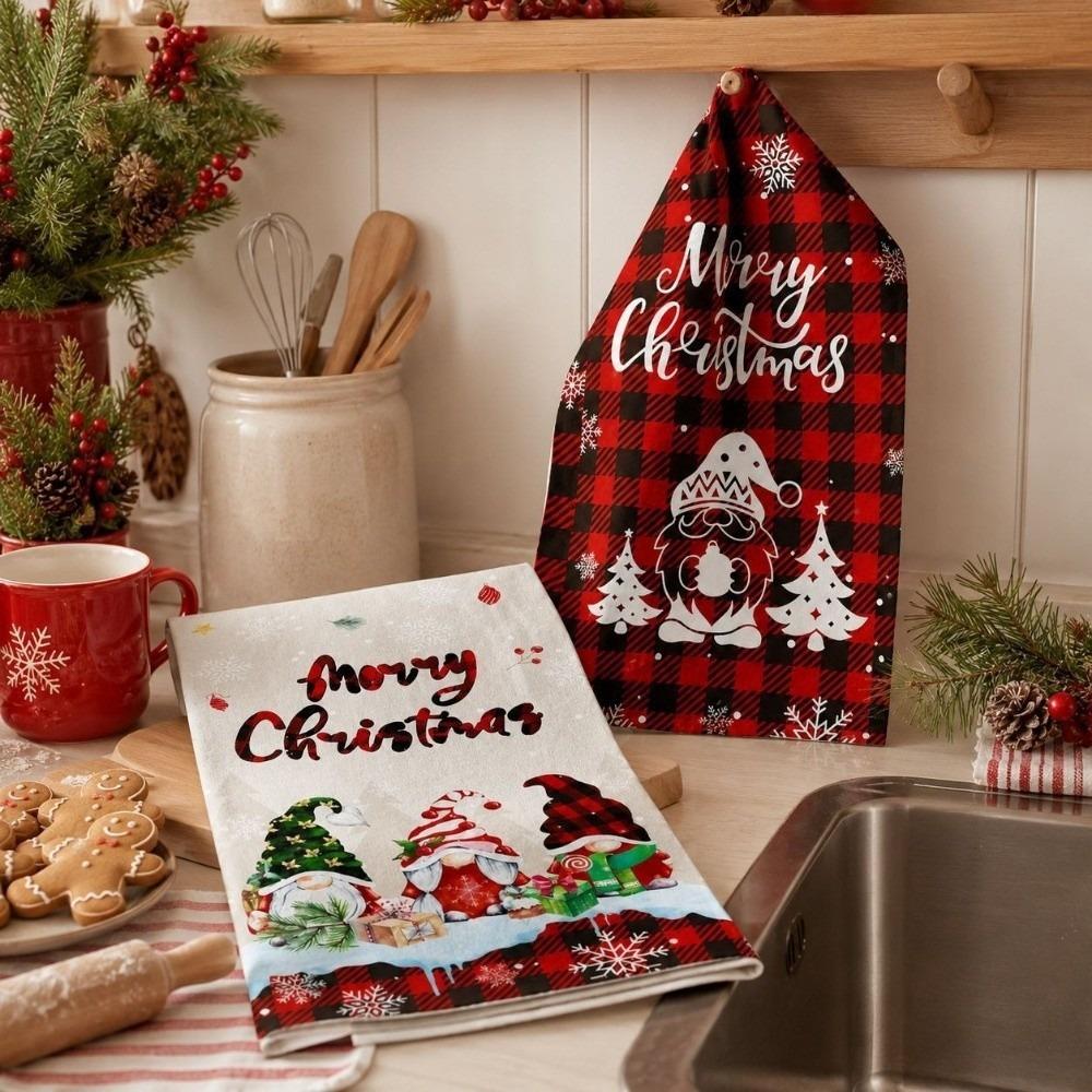 2pcs Absorbent Christmas Kitchen Towels Santa Claus Dish Towels Xmas Hand Towels Bathroom Decor