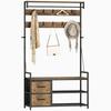 6-in-1 Coat Rack with Shoe Rack, Industrial Style, 10 Hooks, 2 Fabric Drawers, Metal, Brown