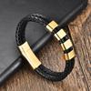 Stainless Steel Engraved Name Bracelet Men Minimalist Double Layer Leather Woven Black Adjustable