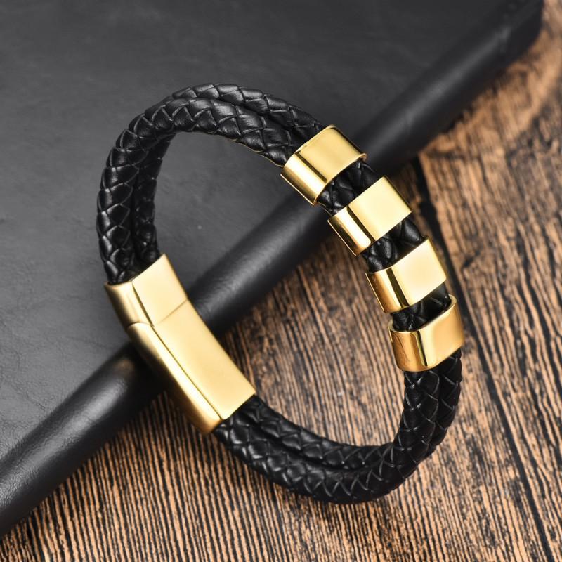 Stainless Steel Engraved Name Bracelet Men Minimalist Double Layer Leather Woven Black Adjustable