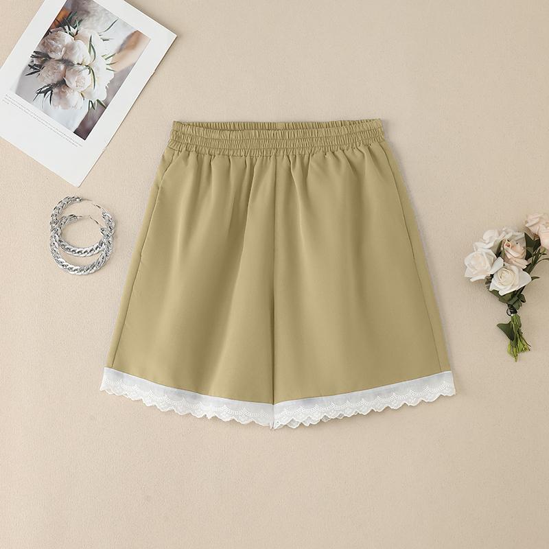 

ZANZEA Women Casual Elastic Waist Loose Summer Lace Splice Short Pants 5XL хаки