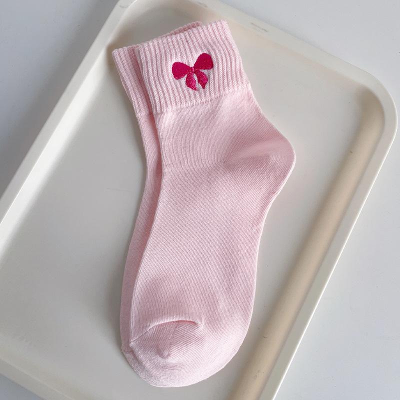 Socks, Pink Socks, Summer and Spring Mid-length Cotton Socks with Sweet Bows and Embroidery for Moisture Absorption and Odor Prevention.