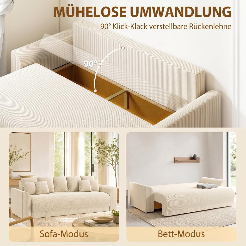 Sleeper Sofa 230 Cm 3-Seater Sofa with Sleep Function, Cushions, Storage, Corduroy Look for Living Room, Beige