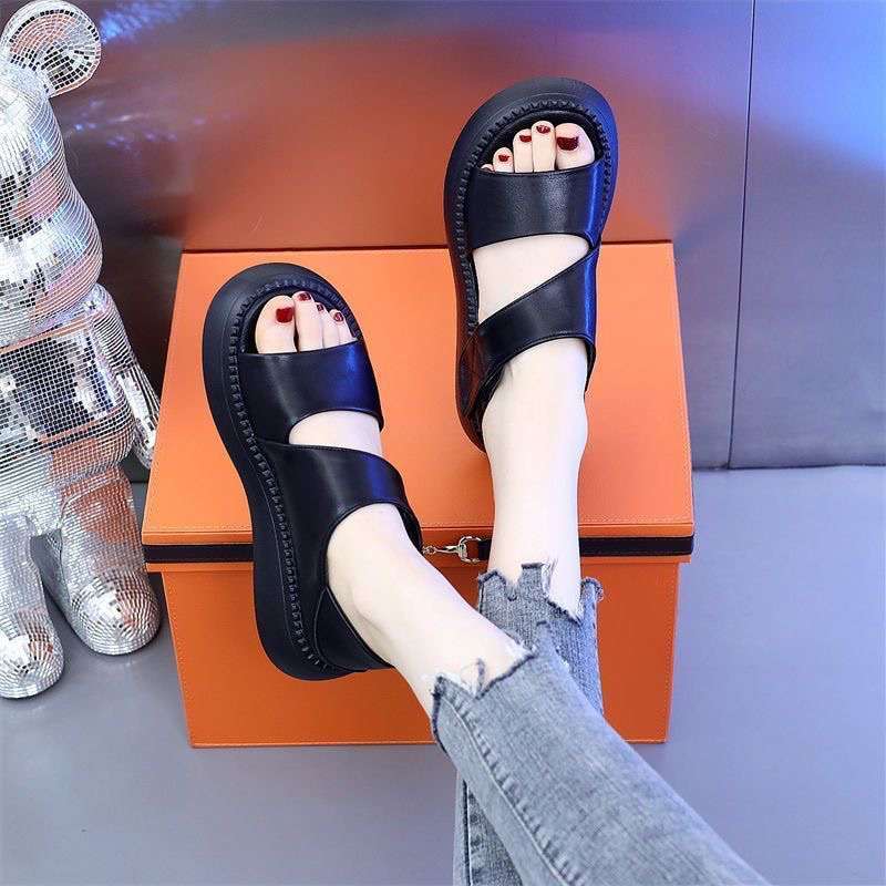 Popular Platform Sandals Women's Summer 2025 New Velcro Non-slip Soft Sole Mid-heel Skirt Casual Roman Shoes