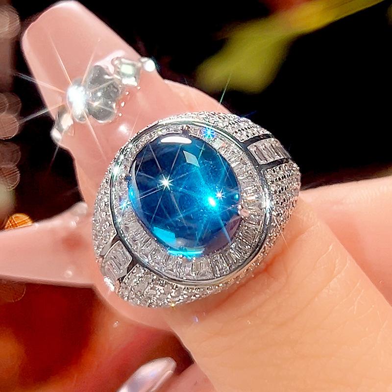 Jewelry Simulation Blue Spinel Plain Surface Fluorescent Retro Ring Main Stone 10 * 12