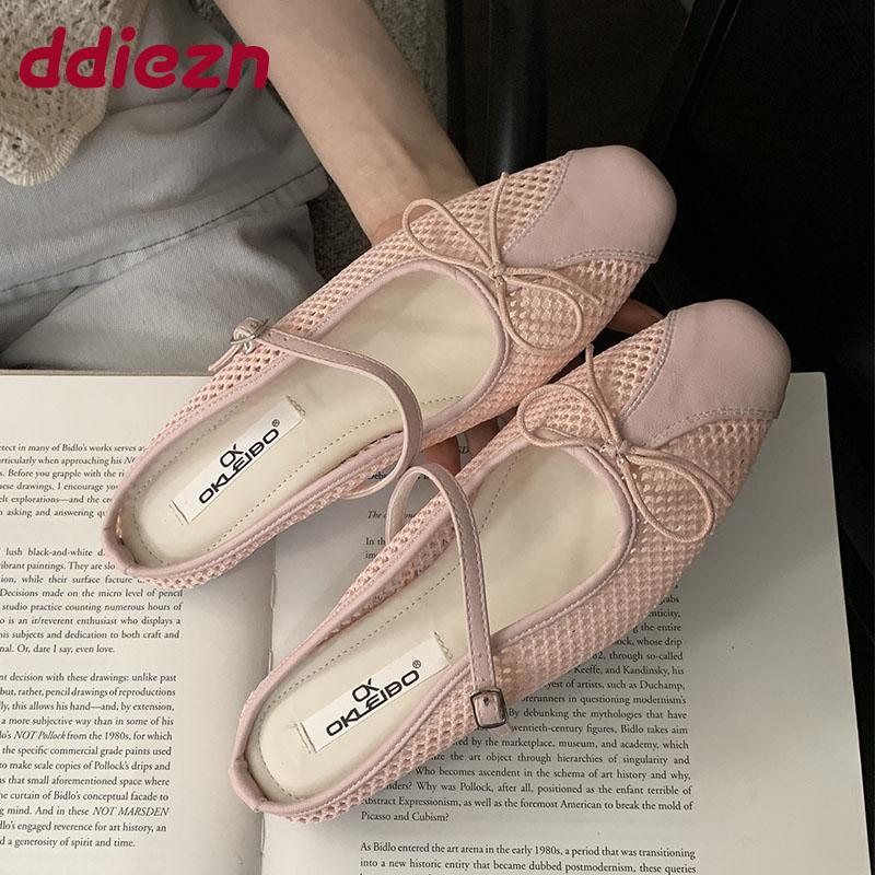 Fashion Female Slip On Footwear Ladies Flats Mary Janes Shoes Mesh Breathable Fashion Butterfly-Knot Women Flats Shoes Slides Mules