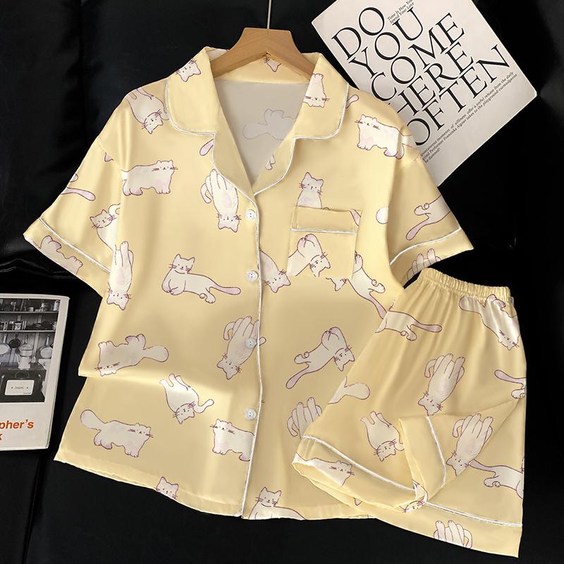Summer Women's Pajamas Set Luxury Satin Silk Pyjamas Short Sleeve Cute Cartoon Sleepwear Casual Home Clothes Nightwear for Women
