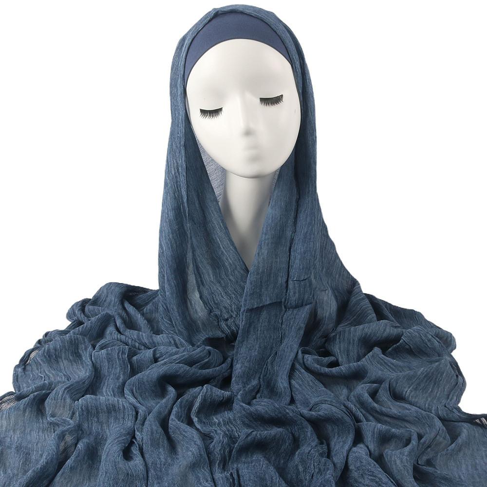 

Long Creased Artificial Silk Scarf Set With Coordinated Elastic Bucket Hat For Casual Style Navy Blue