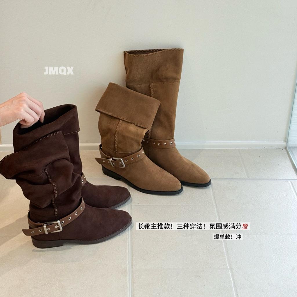 Leather stacking boots 2025 autumn and winter new thick heel buckle western cowboy british style knight boots casual boots