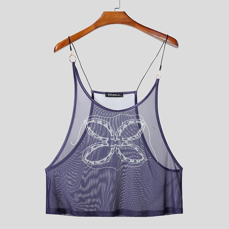 INCERUN Men Sling Sleeveless Print Mesh Sheer Tank Tops Camisole Undershirts