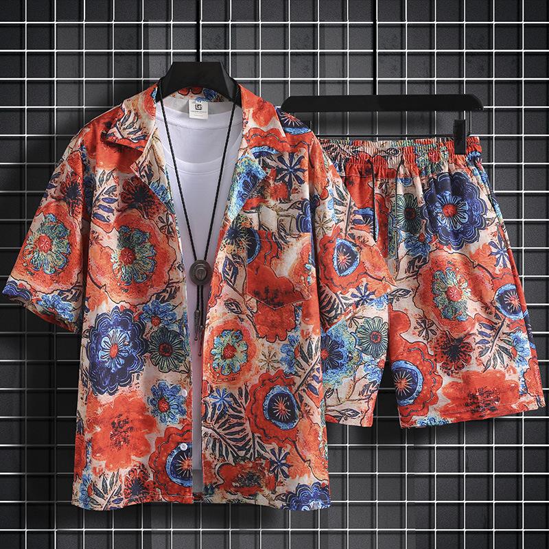 Men's Floral Short-Sleeve Shirt Set - Casual Hawaiian Beachwear for Couples