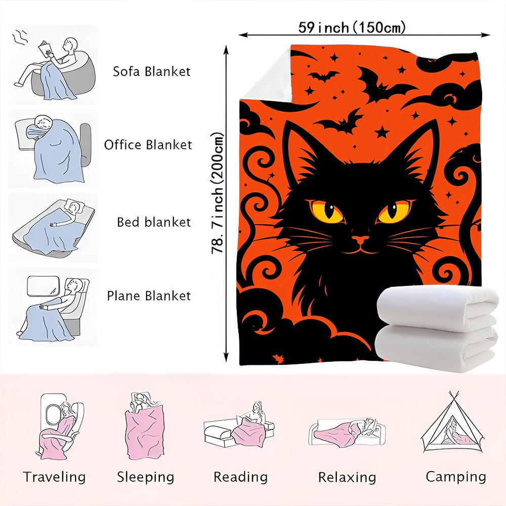 1PC Black Cat Print Halloween Blanket-Made of soft plush flannel, perfect for sofas, beds or recliners. Ideal for home decor, th