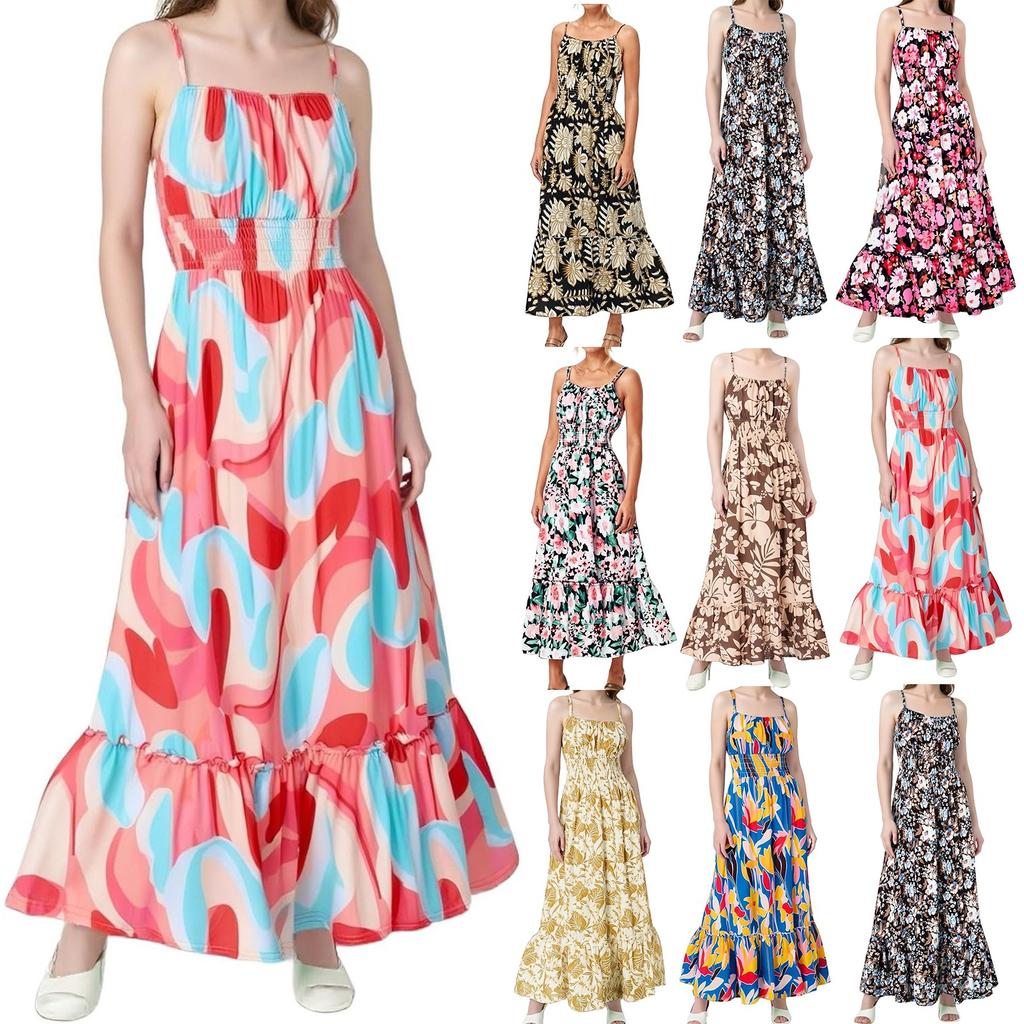 Floral Boho Dress For Women  Ruffle Hem Sleeveless Maxi Dress Spaghetti Strap Smocked Beach Long Dresses