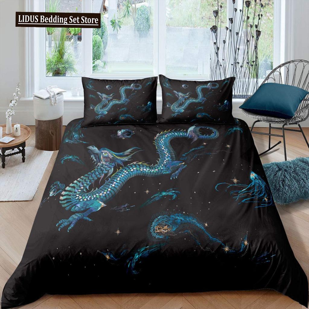 Red Base Black Dragon Print Duvet Cover Set Chinese Dragon Pattern Bedding Sets Full Size Microfiber 2/3 Pieces Comforter Sets
