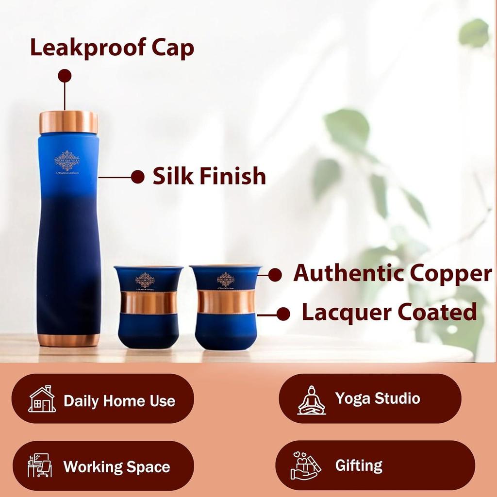 Copper Bottle & Glass Gift Set - 950 ml Water Bottle & 2 Glasses (300 ml Each) - Pure Copper with Blue Ombre Silk Finish, Perfect for Gifting