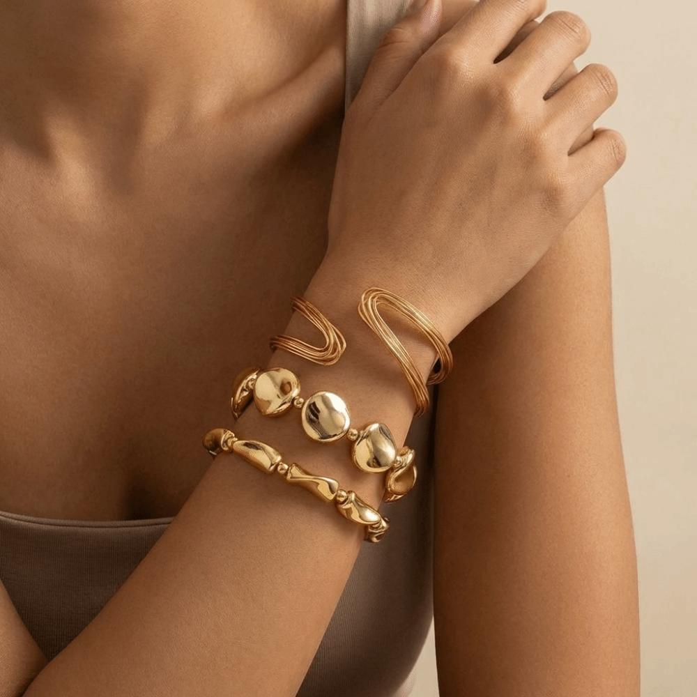 3 Pcs/Set Metal Geometric Bangle Exaggerated Women's Hand Bracelet Vintage Bracelet Set  Gift