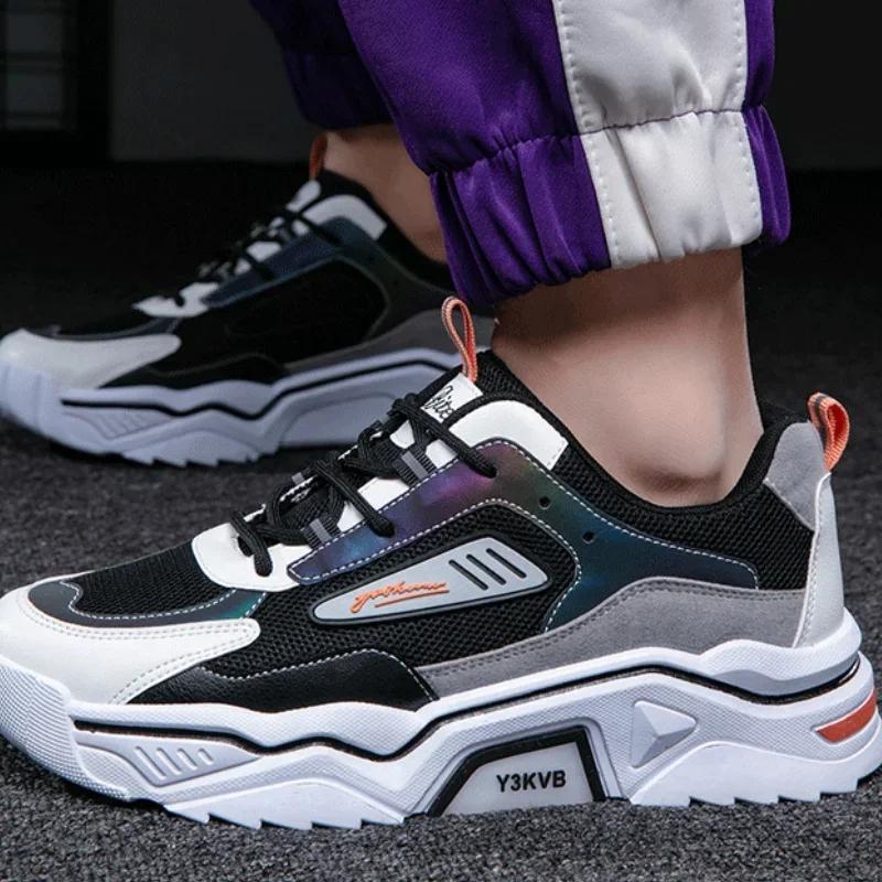 Men's Breathable Mesh Sneakers Durable Lace Up Vulcanized Shoes Outdoor Casual Height Increasing Fashion Footwear