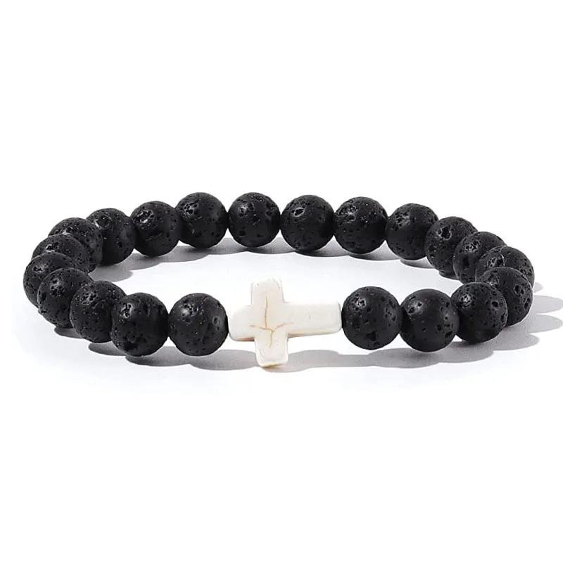 Prayer Men Natural Stone Wood Beads Rosary Hematite Cross Bracelets Onyx Meditation Bracelet Women Yoga Zircon Homme Pulsera
