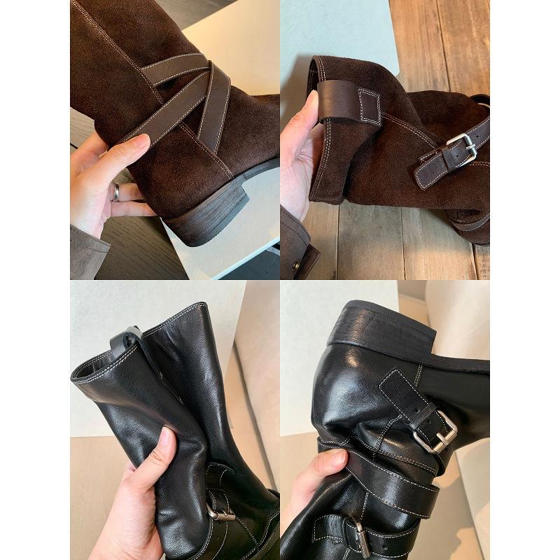 Cowhide~ grape ma same height increase 4cm round head thin boots belt buckle Kusa medium motorcycle boots knight boots