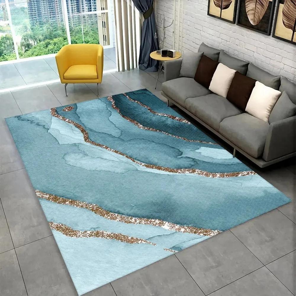 Sophisticated Nordic Blue and Gold Marble Floor Mat Geometric Carpet for Living Room or Bedroom Non-Slip Rug for Sofa Doormat