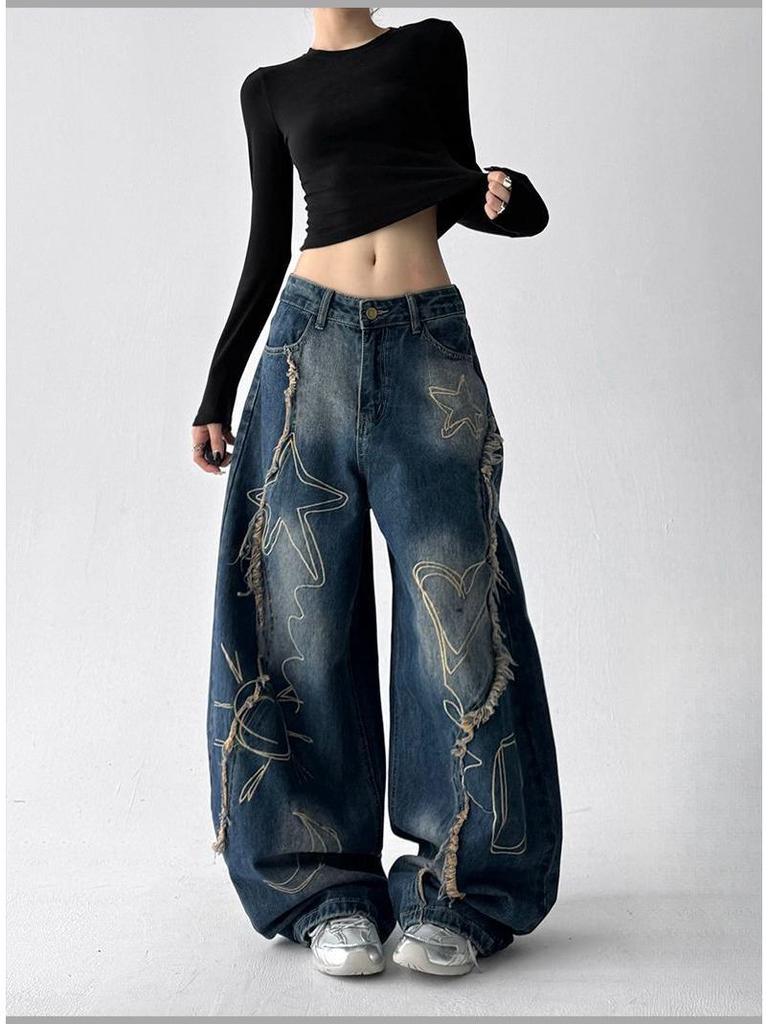 Autumn 2025 Curved Knife Hip Hop Wide-Leg Jeans for Women