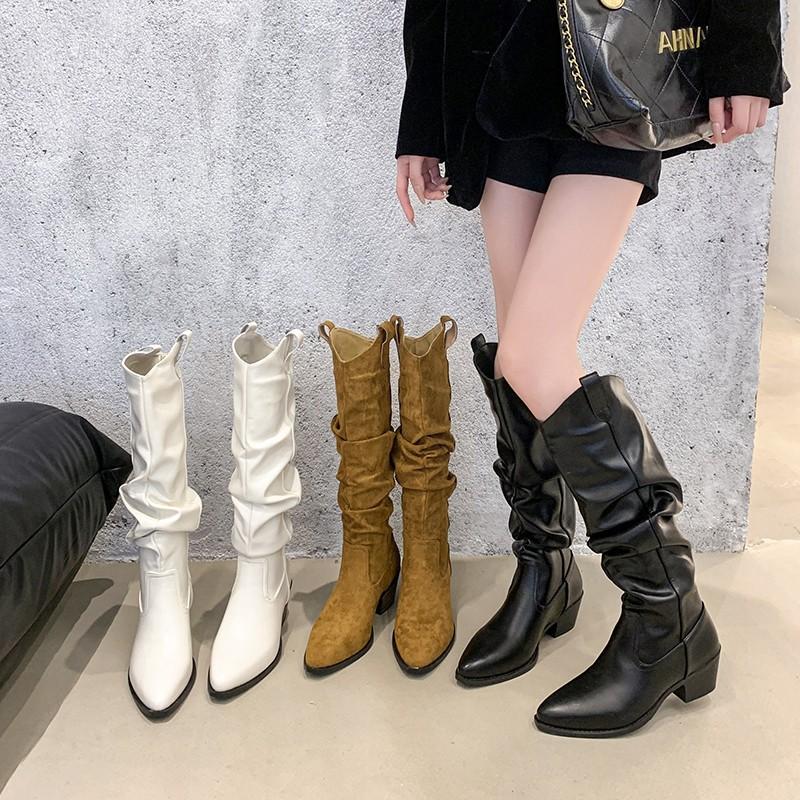 V-mouth boots women's 2025 autumn new pleated piled boots pointed thick heel but knee high knight boots