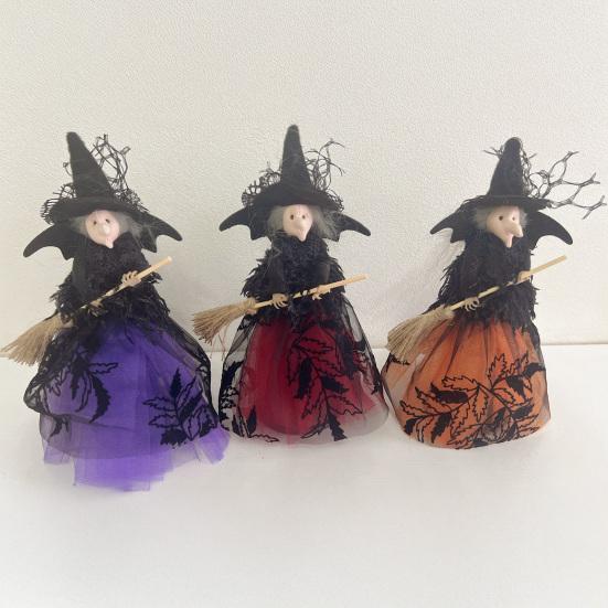 Halloween Witch Doll with Broom Small Witch Figurine with Gauze Skirt Spooky Table Centerpiece for Home Bedroom Desktop Decor
