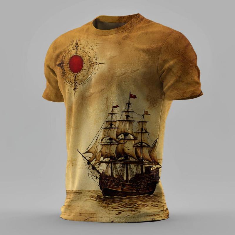 Summer Men Classic Vintage Sailing Pattern 3d Printed T-shirt Short Sleeve Loose Breathable Man T Shirt Plus-Size Casual Top