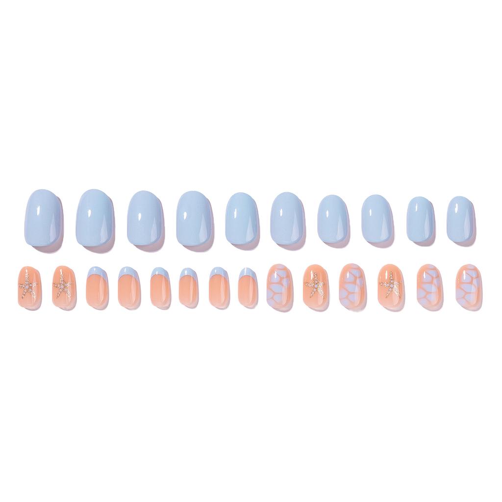Blue Crocodile Texture Press On Nails with Star Decoration 24 Pieces Resin Manicure Wearable Artificial Nails