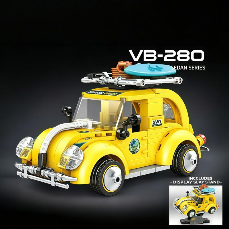 CACO BLOCKSClassic Vintage Car Building Bricks, Yellow Beach Travel Model with Roof Rack, Educational Assembly Toy for Display a