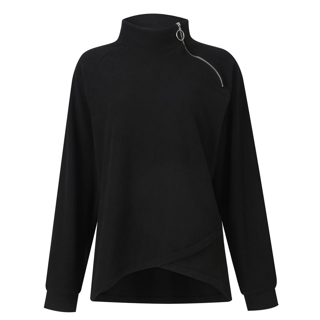 Women's Irregular High Neck Plush Casual Sweatshirt Zipper Loose Top