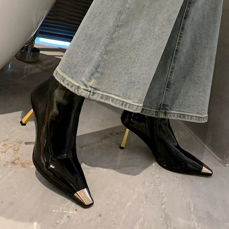 Fashion Star style Fashion Patent Leather Metal Square toe Women Ankle Boots Autumn Winter Stiletto High heels Chelsea Short Boots Shoes