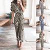 Women Casual Stand-up Collar Printed Shirt Button Belt Short-sleeved Long Skirt