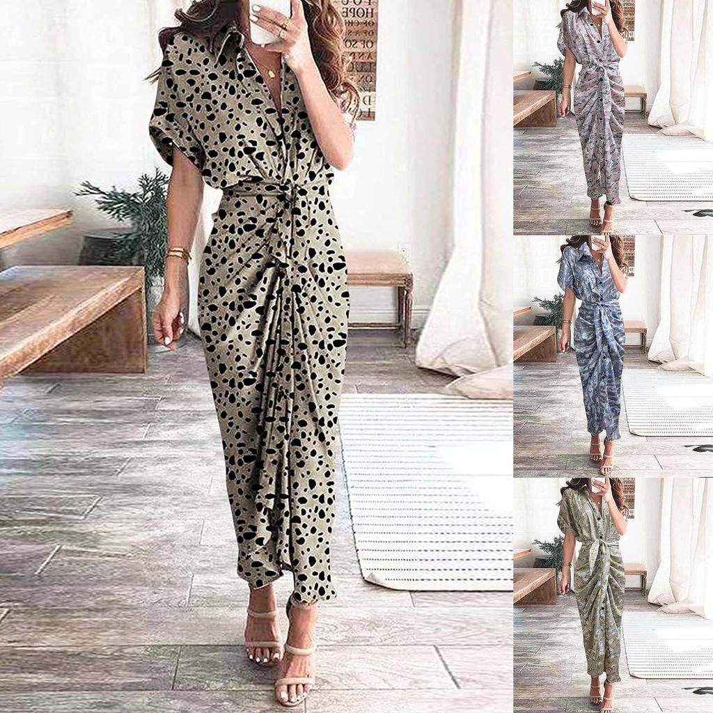 Women Casual Stand-up Collar Printed Shirt Button Belt Short-sleeved Long Skirt