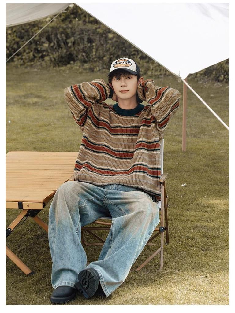 Mountain Style Retro Colorblock Stripe Sweater - Trendy American Knitwear for Couples (Autumn/Winter)