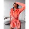 2026 Womens Solid Color Long Sleeve Zip-Up Hooded Cardigan Elastic Waist Shorts 2-Piece Casual Set