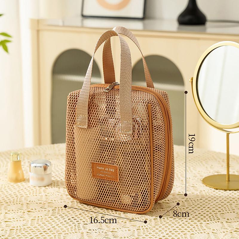Portable Solid Color Mesh Cosmetic Bag Lightweight Space Saving Zipper Bags Large Capacity Travel Toiletry Storage Handbag