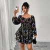European and American Style Cross-border Square Neck Puff Sleeve Printed Cake Dress