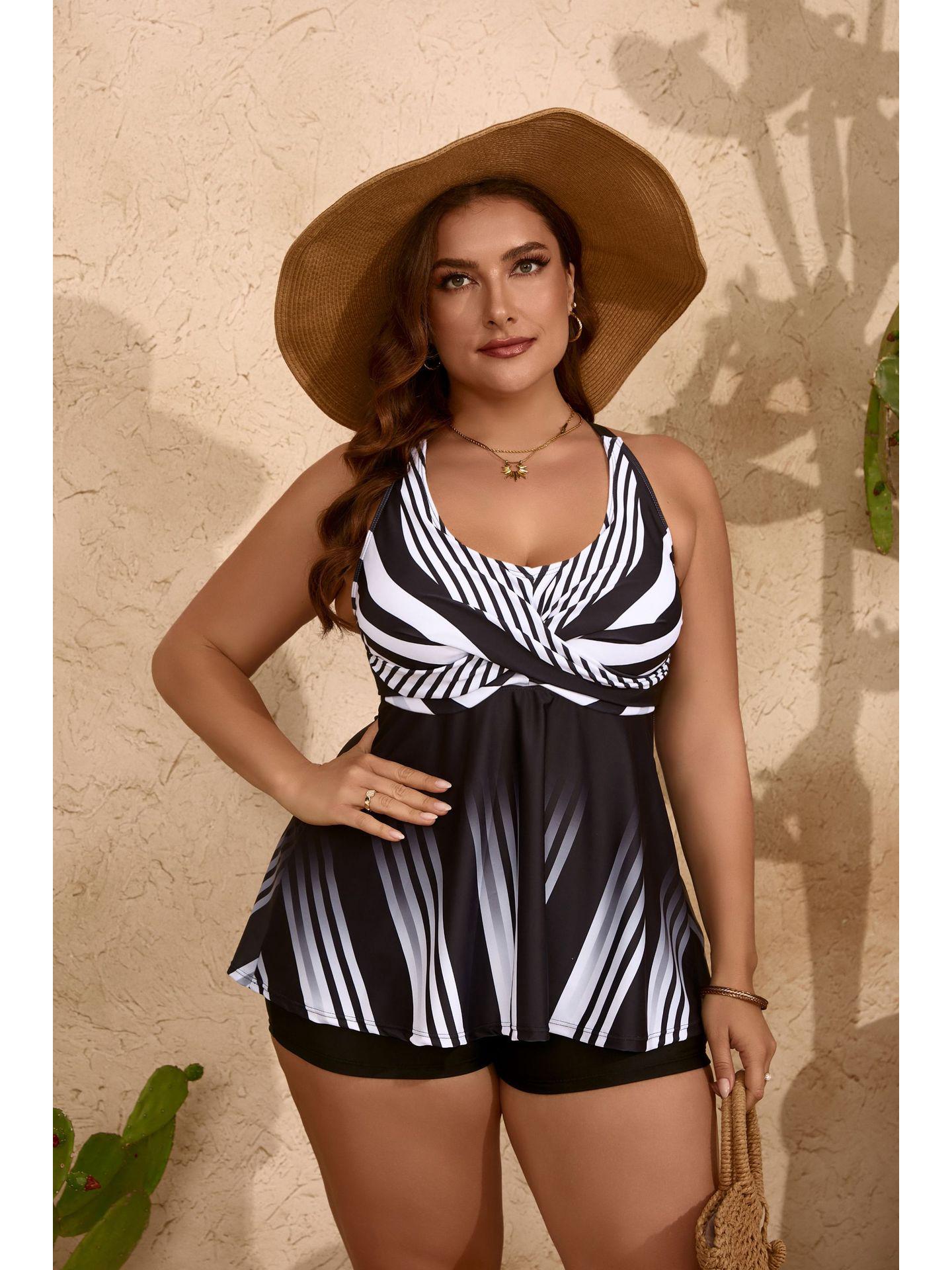 

Европейский и американский ретро полосатый купальник бикини больших размеров с высокой талией 2024 5XL чёрный