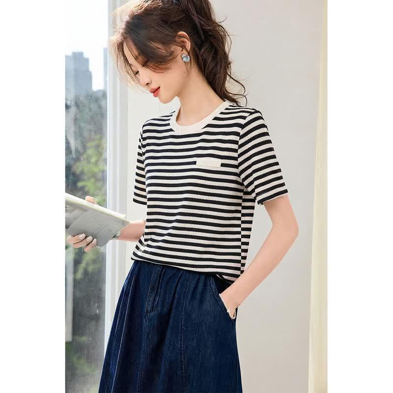 Srcr Women s Silk Crepe de Chine Striped Short-Sleeve Top M