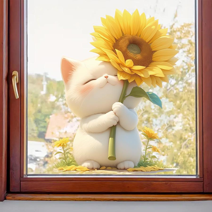 Cute Cartoon Fresh Cat Holding Flowers Window Stickers, Self-Adhesive Double-Sided Visible Decor for Bedroom Dorm Room Study Room Decoration