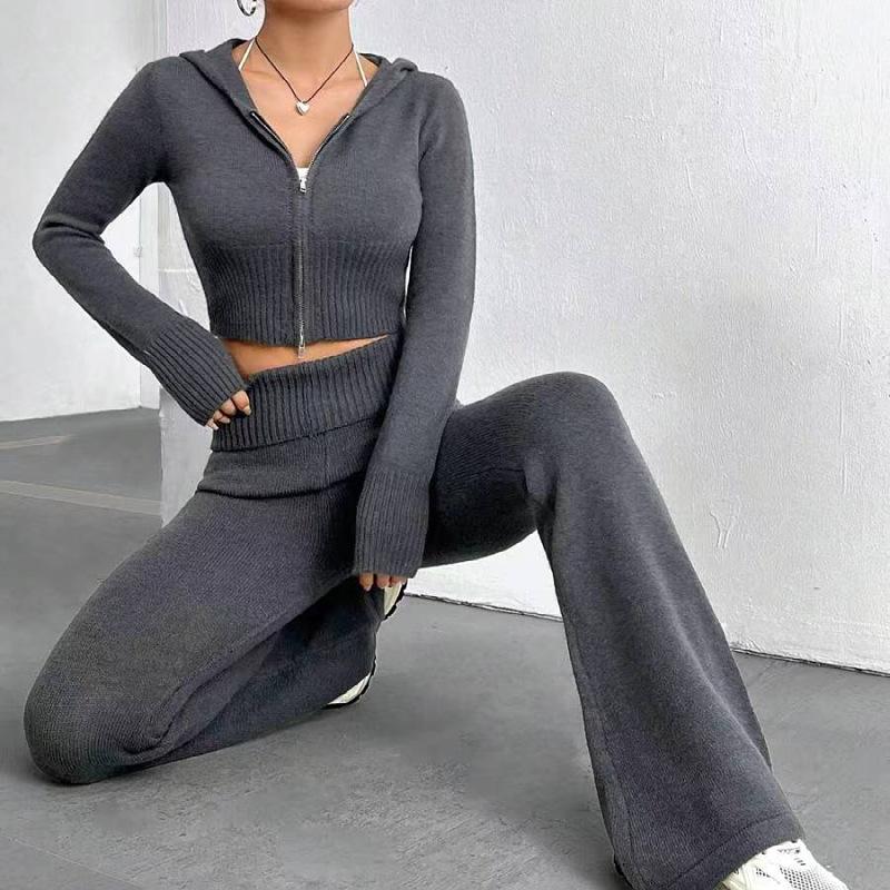 16 Spring new European and American fashion suit zipper hooded pit strip top low waist flared pants two-piece set women