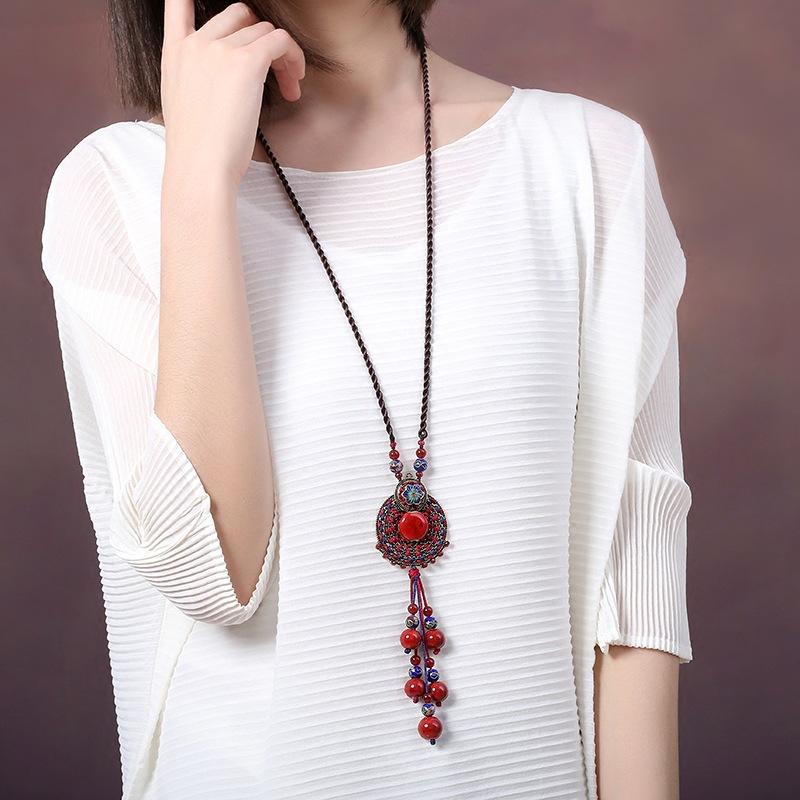 Ethnic Style Pure Handmade Sweater Chain Long Accessories Red Pendant Antique Versatile Wholesale Jewelry Necklace Hanging Women's Jewelry
