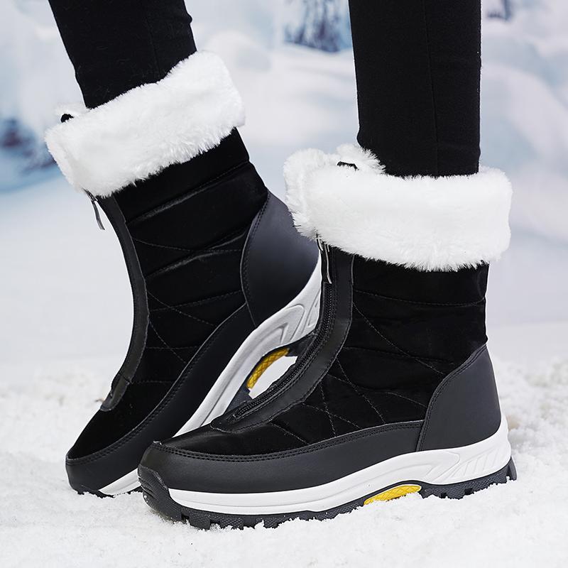 Women's Winter Leather Boots Women Winter Shoes Keep Warm Non-slip Black Snow Boots Ladies Lace-up White Boots