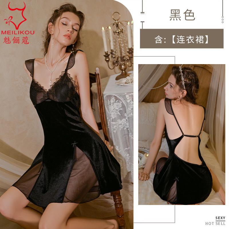 Sexy Pajamas New Golden Velvet with Chest Pad Seductive Lace Suspender Nightdress Loungewear Women