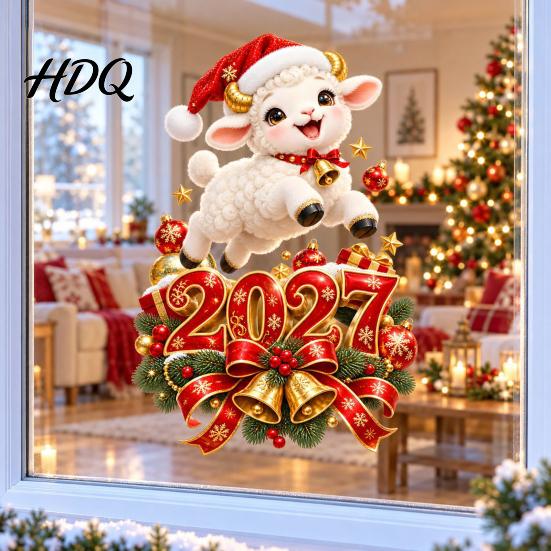 Christmas Lamb Window Art 2027 New Year Clings Cartoon Sheep Static Glass Stickers Door Festive Ornaments of Goat Decal for Holiday Home Office