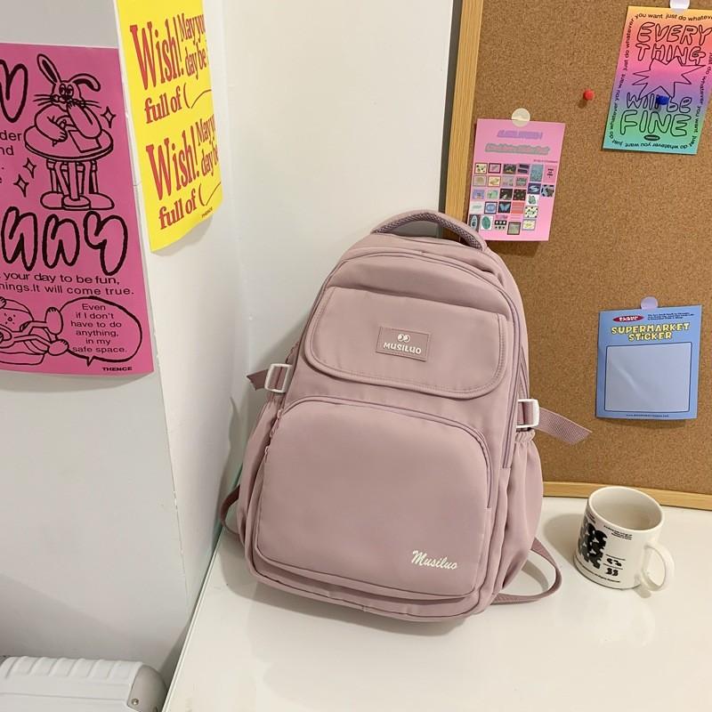 Simple Solid Color Letter Printed Student Backpack With Plush Pendant For Daily Use